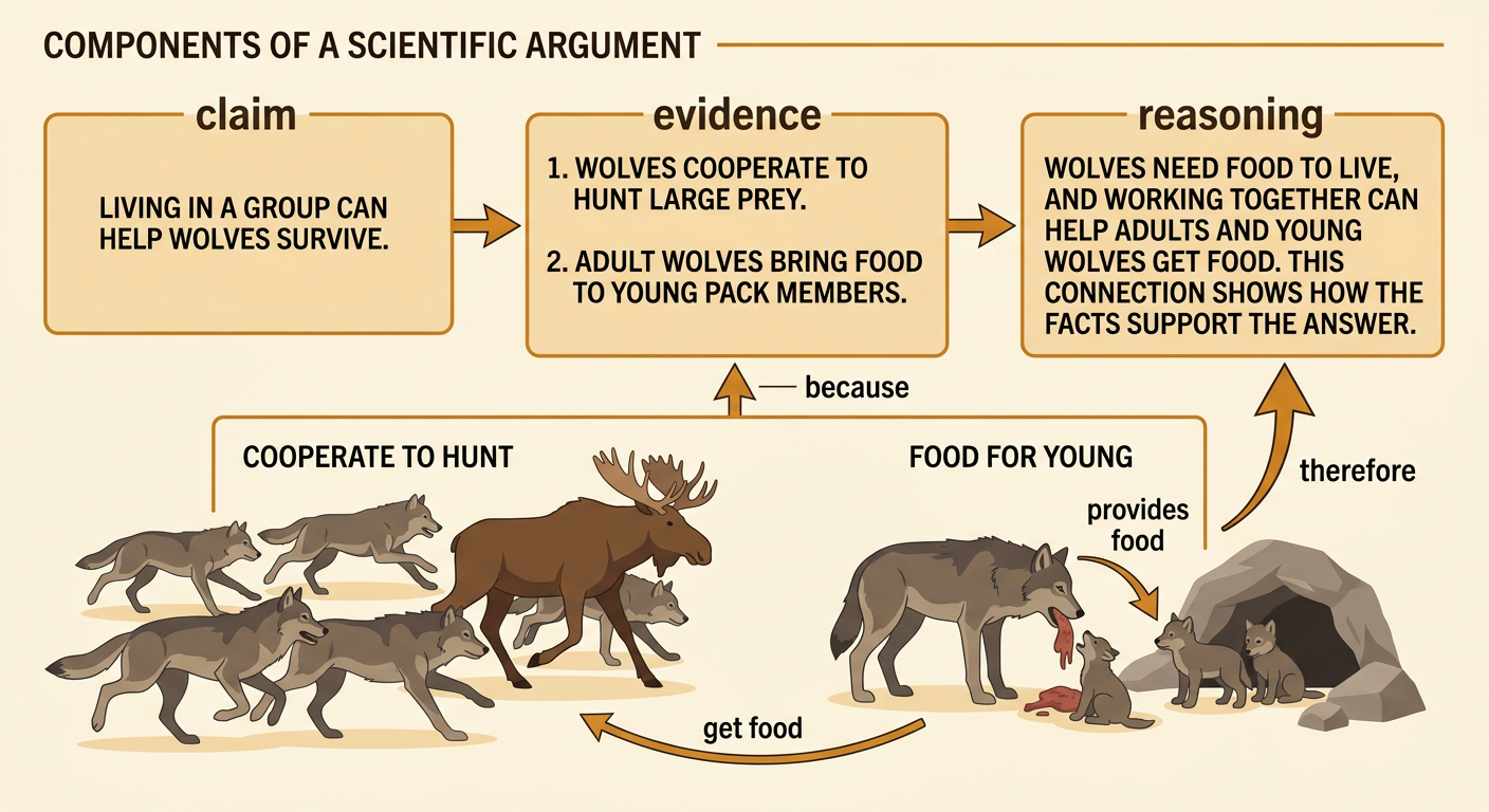 A three-part organizer connects a wolf survival claim to two facts and an explanation.