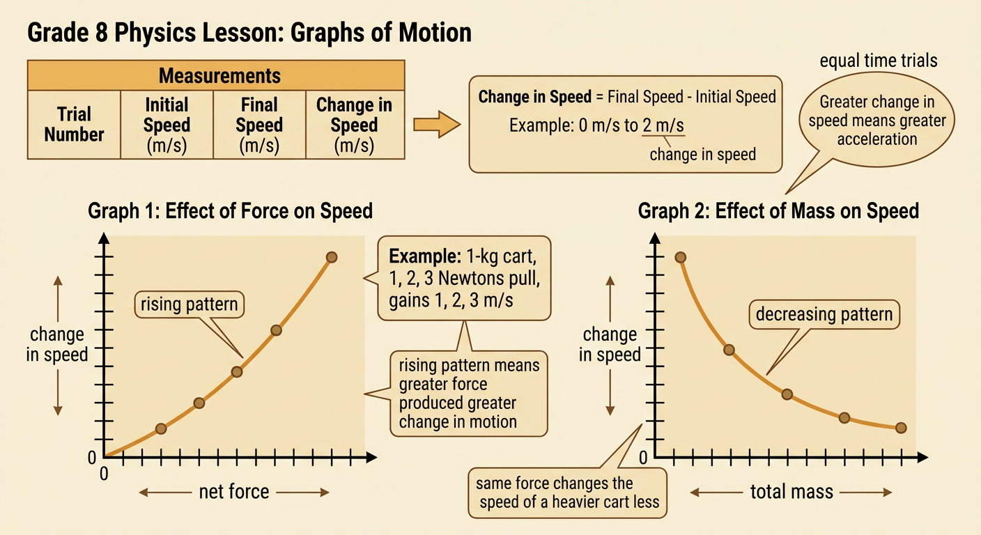 Two side-by-side graphs show change in speed rising with net force and falling as total mass increases.