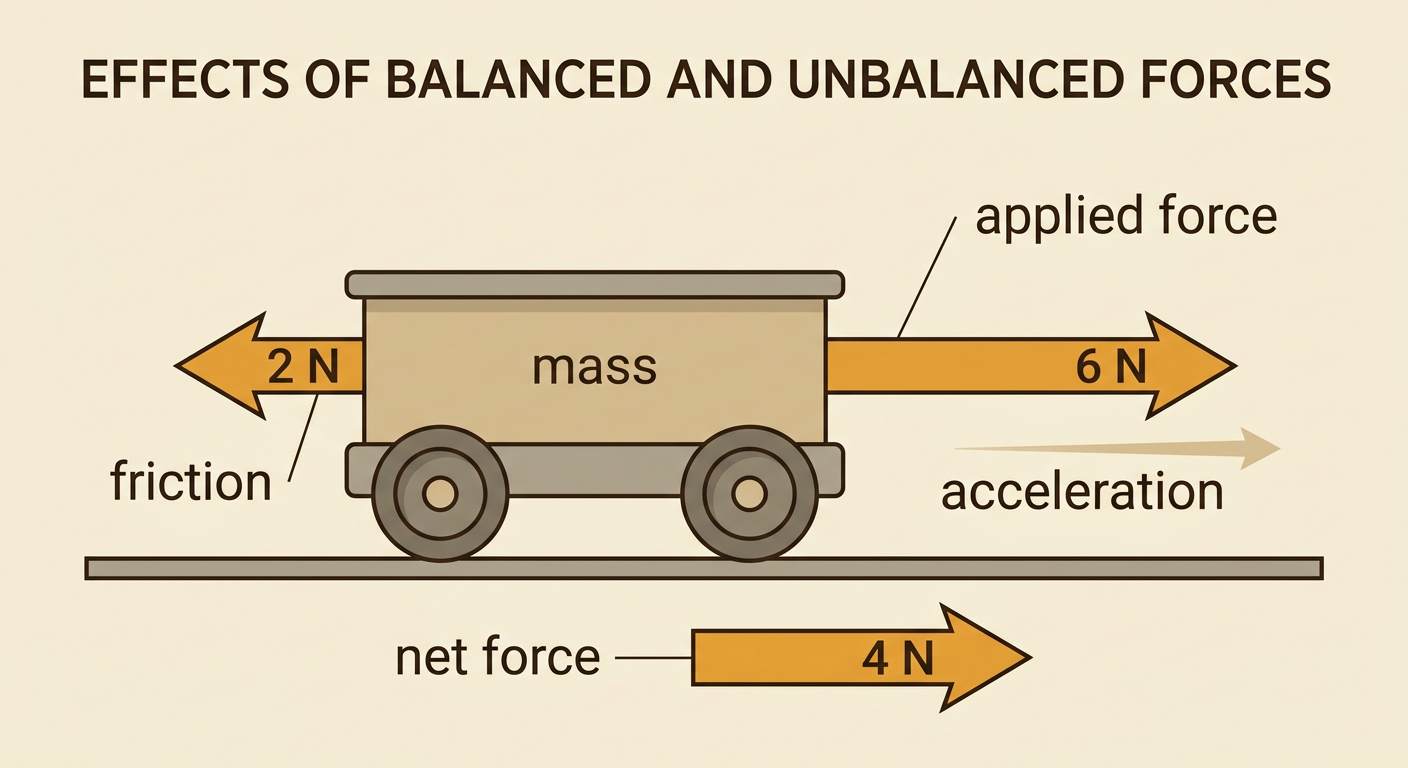 A cart diagram shows a 6-newton push to the right, 2-newton friction to the left, and a 4-newton net force to the right.