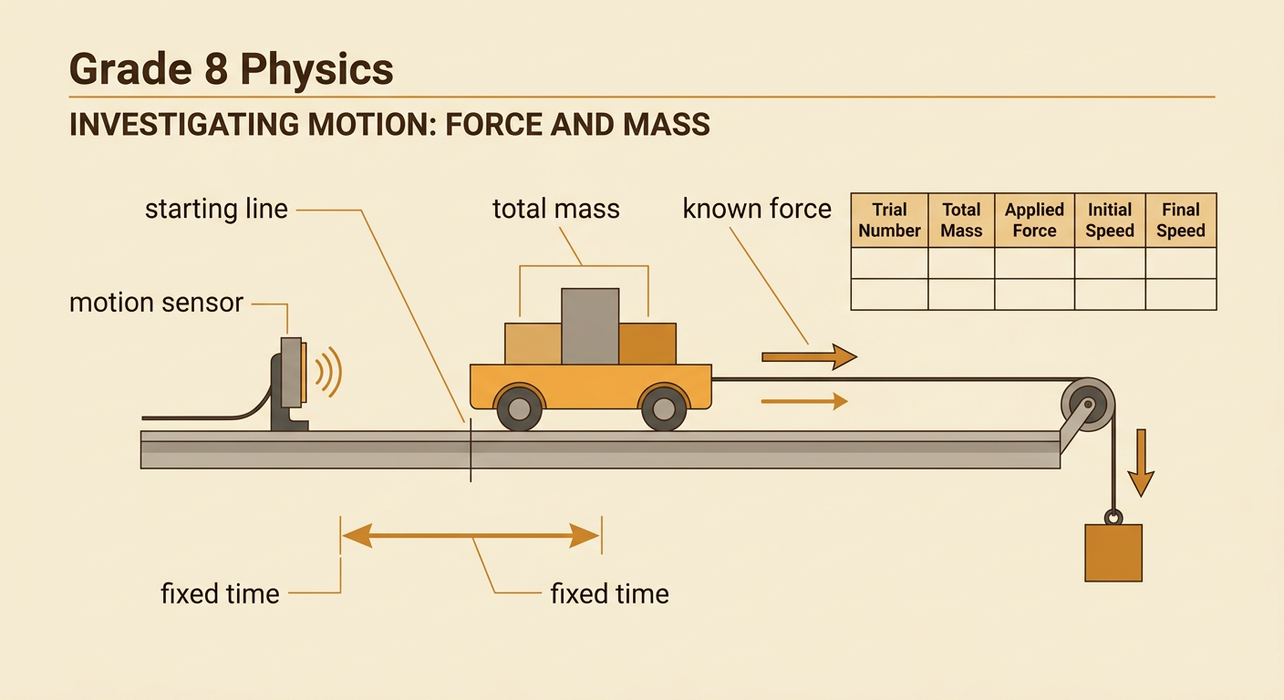 A level cart track shows a loaded cart at a marked line being pulled by a measured force while a sensor records its motion.