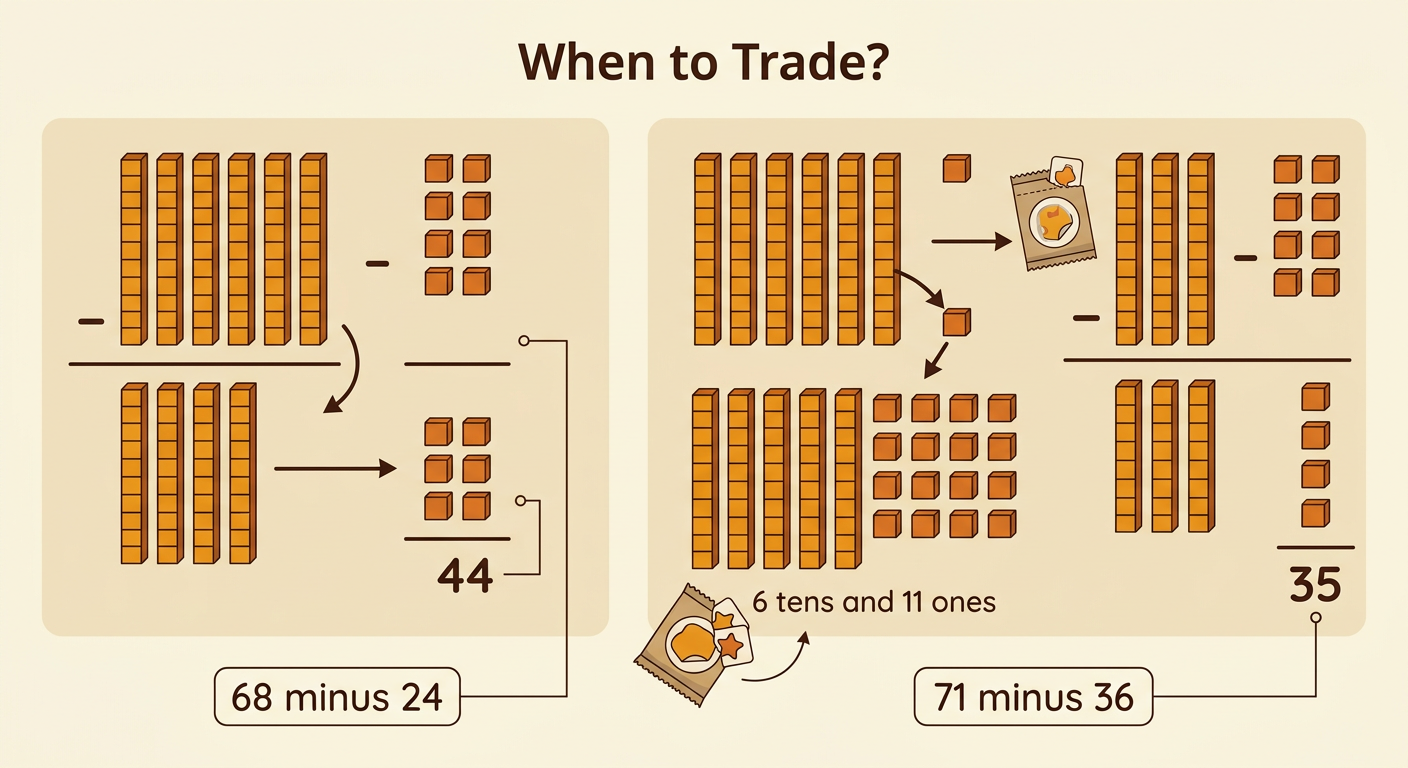 Two side-by-side place-value models show 68 minus 24 without a trade and 71 minus 36 with one ten traded.