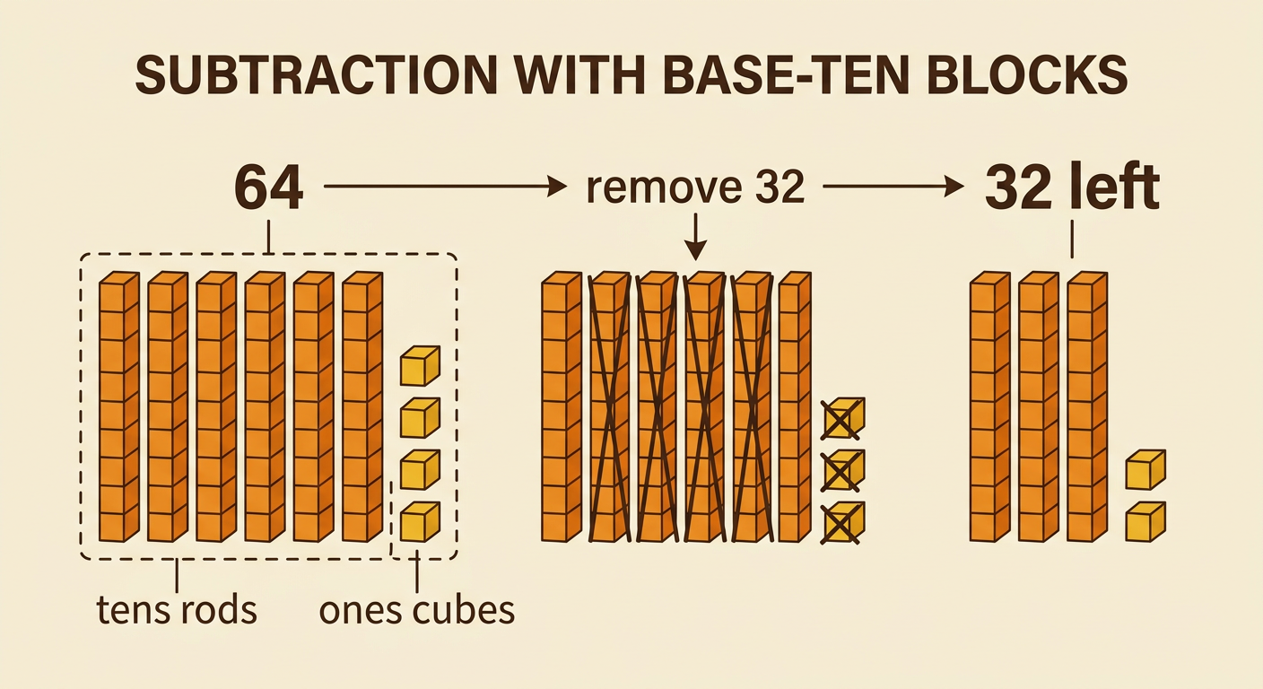 Base-ten blocks show 64 with three tens and two ones crossed out, leaving 32.