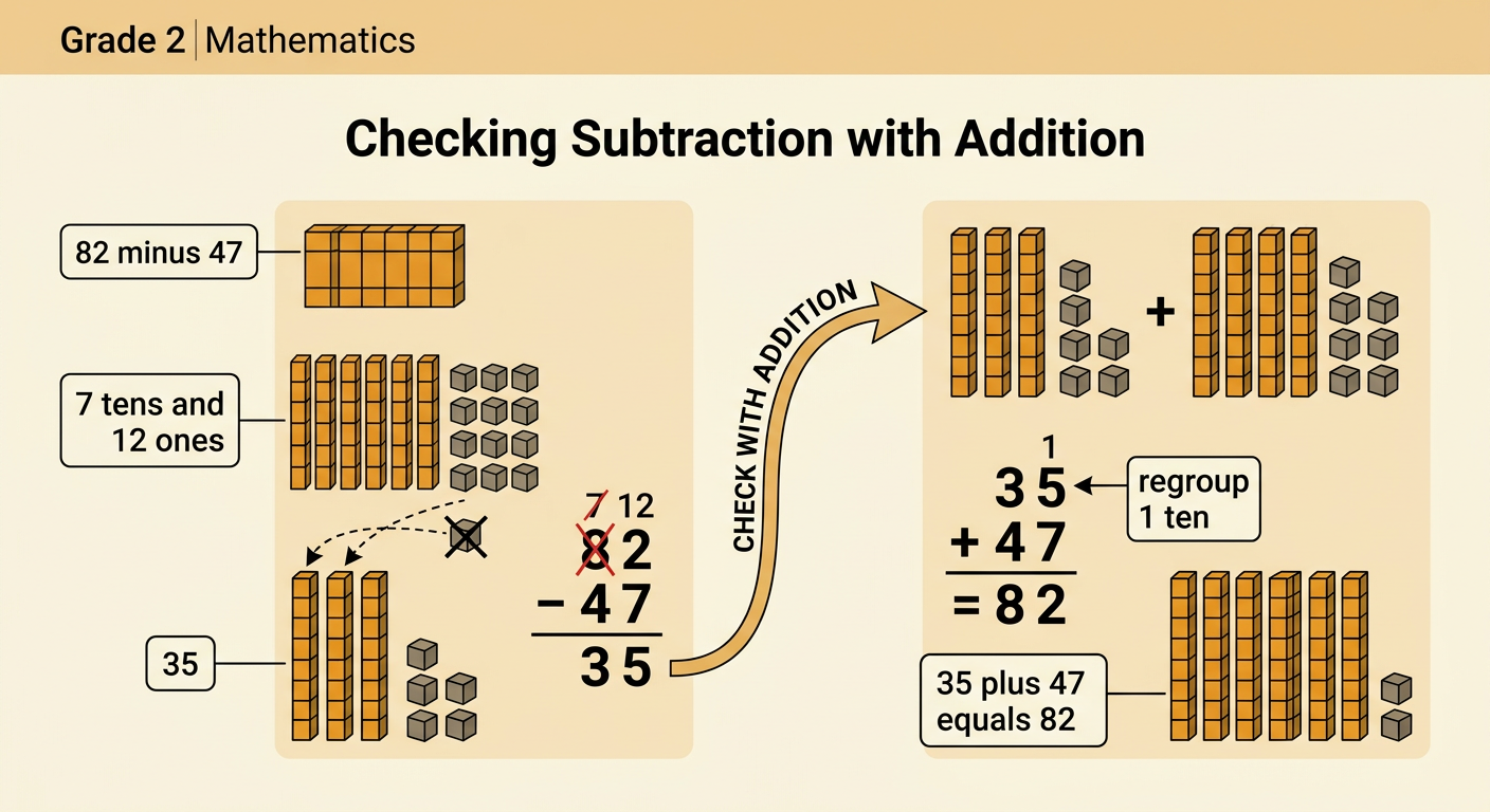 A subtraction model for 82 minus 47 sits beside an addition check showing that 35 plus 47 returns to 82.