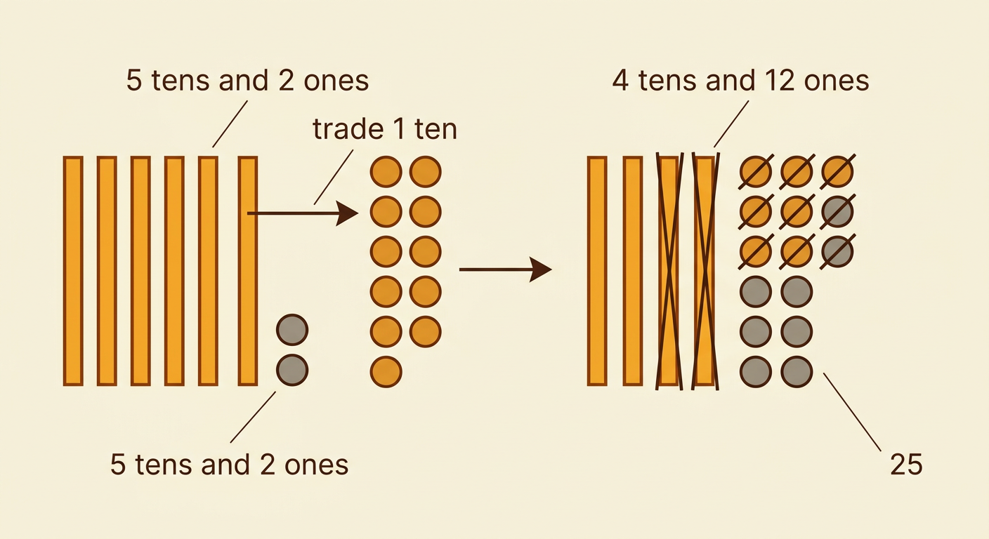 A place-value drawing shows one of five tens traded so that 52 becomes four tens and twelve ones before subtracting 27.
