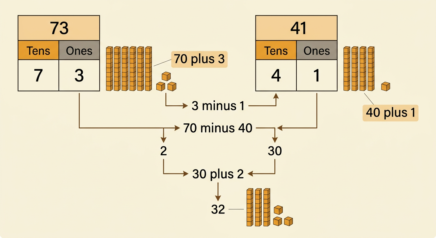 A color-matched equation separates 73 and 41 into tens and ones and combines the differences to make 32.