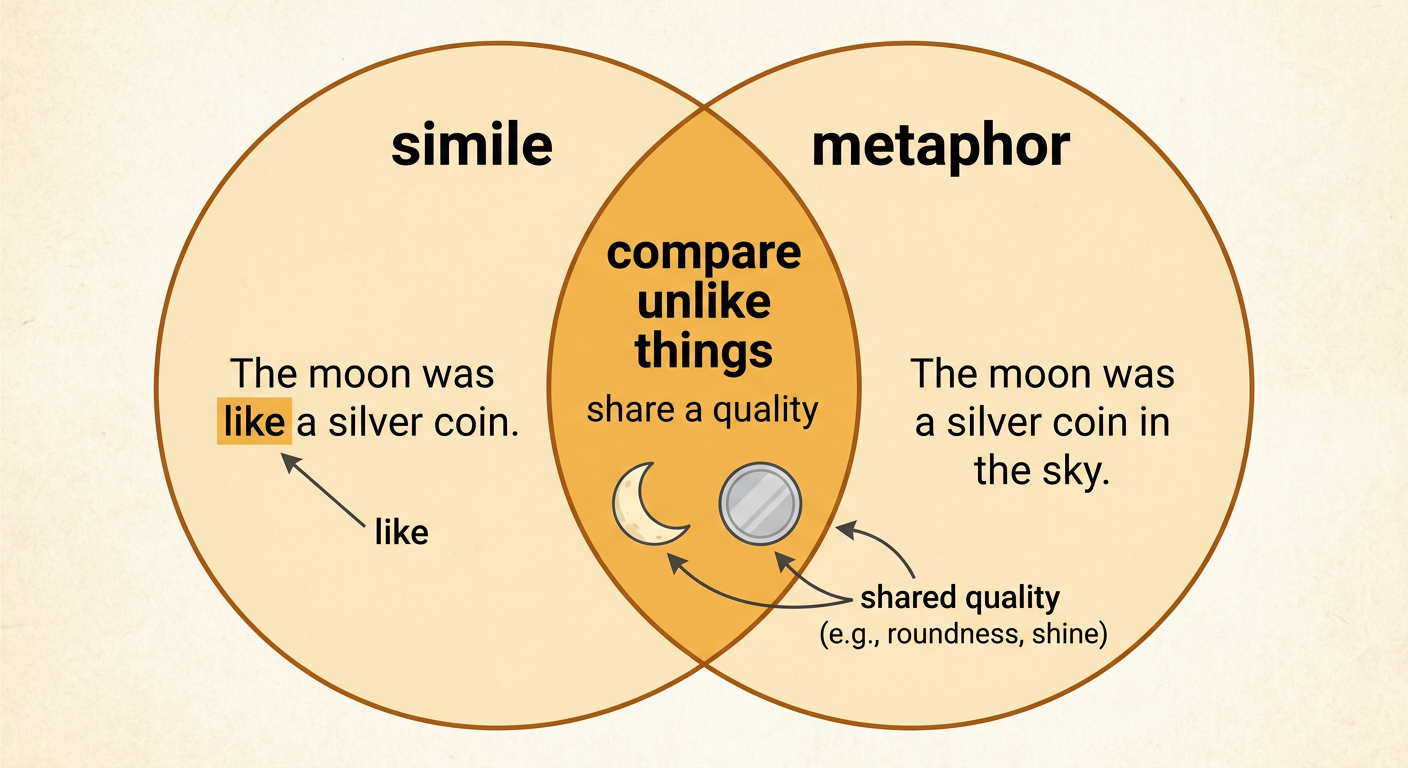 A bright full moon and a silver coin appear side by side with one simile sentence and one metaphor sentence connecting them.