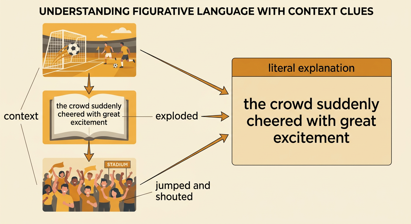 A soccer crowd leaps and cheers after a winning goal while nearby action clues explain the word exploded.