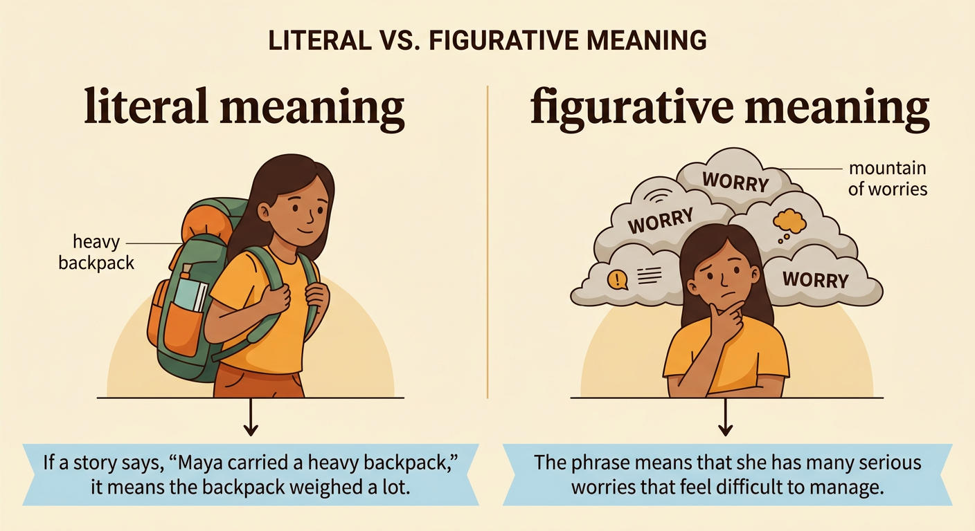 A girl carries a real backpack on one side while an imaginary mountain-shaped pile of worries appears over her on the other side.