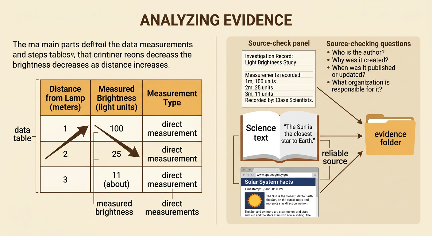 A classroom data table shows lamp brightness decreasing at one, two, and three meters beside a reliable source card about the Sun.