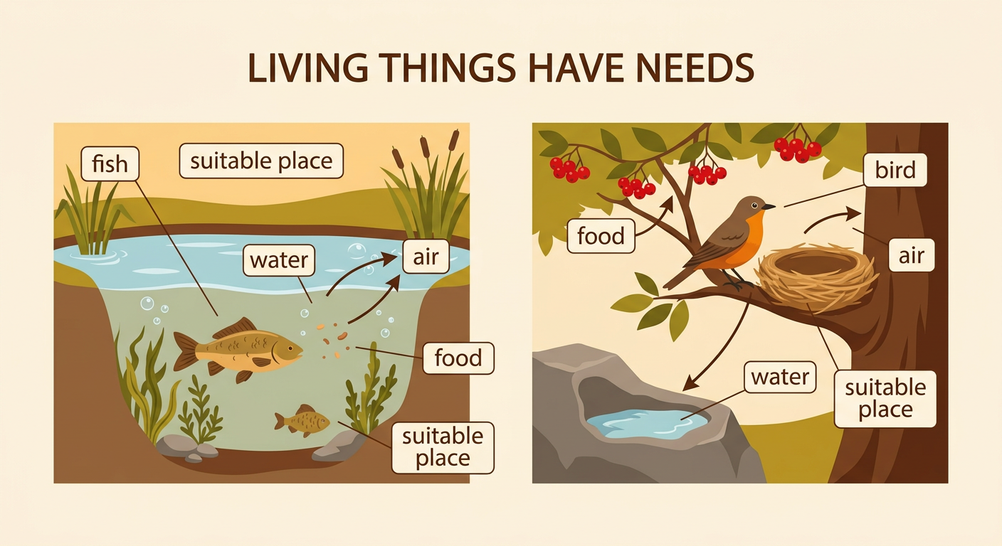 A pond scene shows a fish in the water and a bird drinking nearby with food and a nesting tree available.