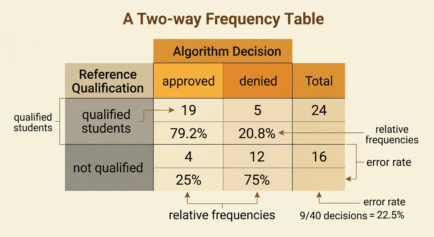 A two-way frequency table displays qualification status against approval and denial results with totals and percentages.
