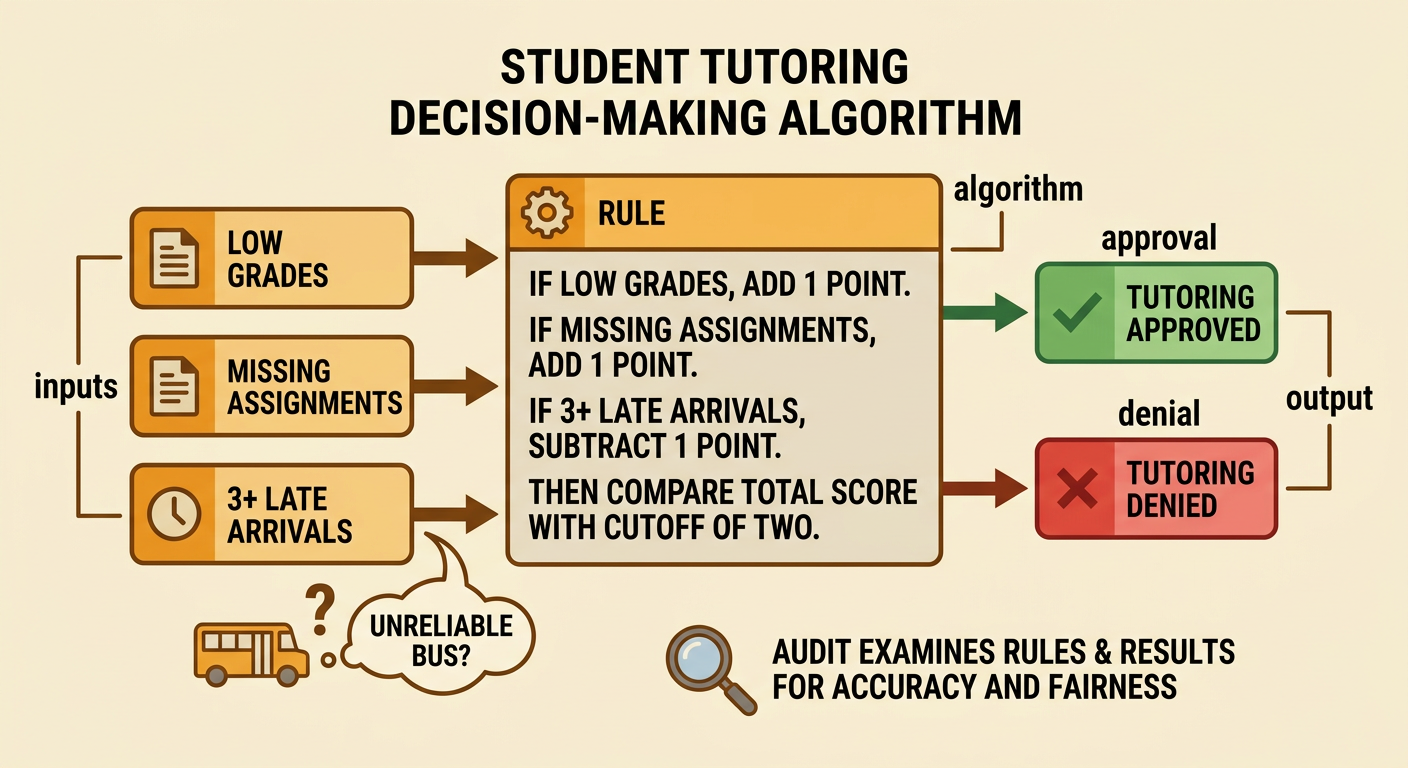 A flowchart shows student information entering a tutoring algorithm and producing an approval or denial.