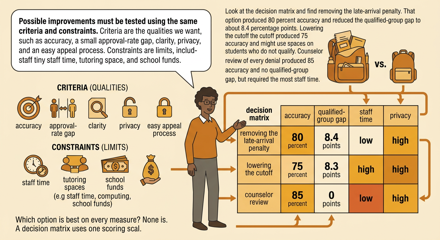A decision matrix compares three algorithm changes by accuracy, qualified-group gap, and staff time.