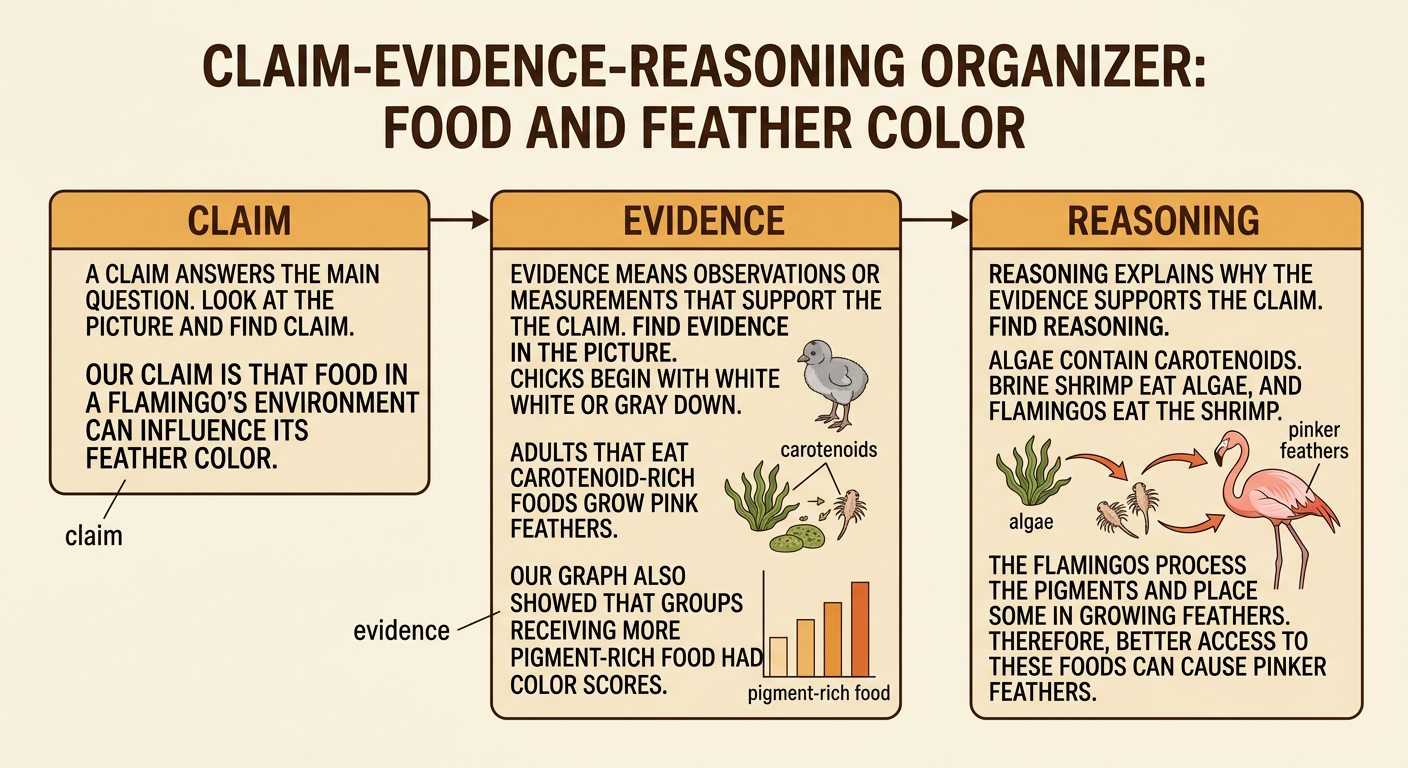 A claim-evidence-reasoning diagram connects wetland foods and carotenoid pigments to pink flamingo feathers.