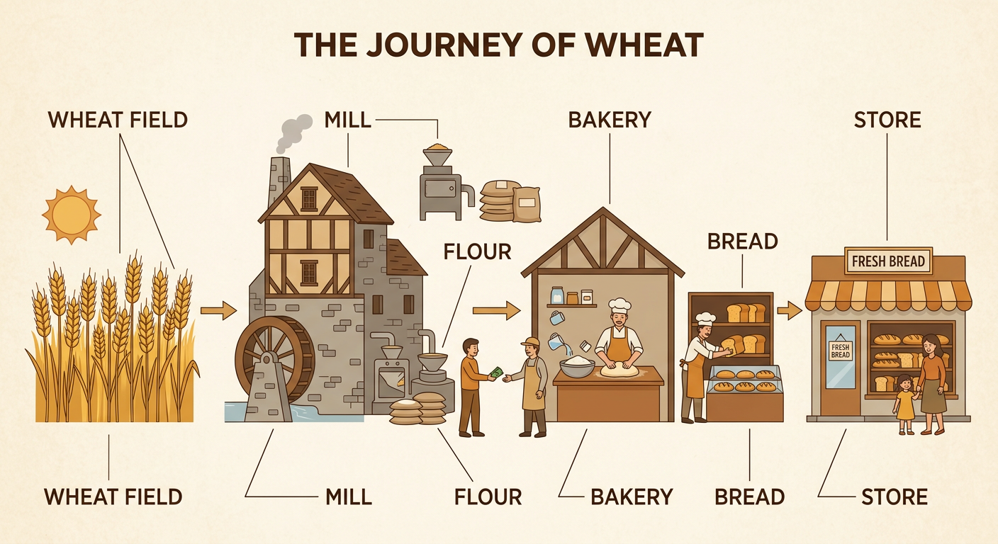 A left-to-right picture shows wheat moving from a field to a mill, bakery, and store.