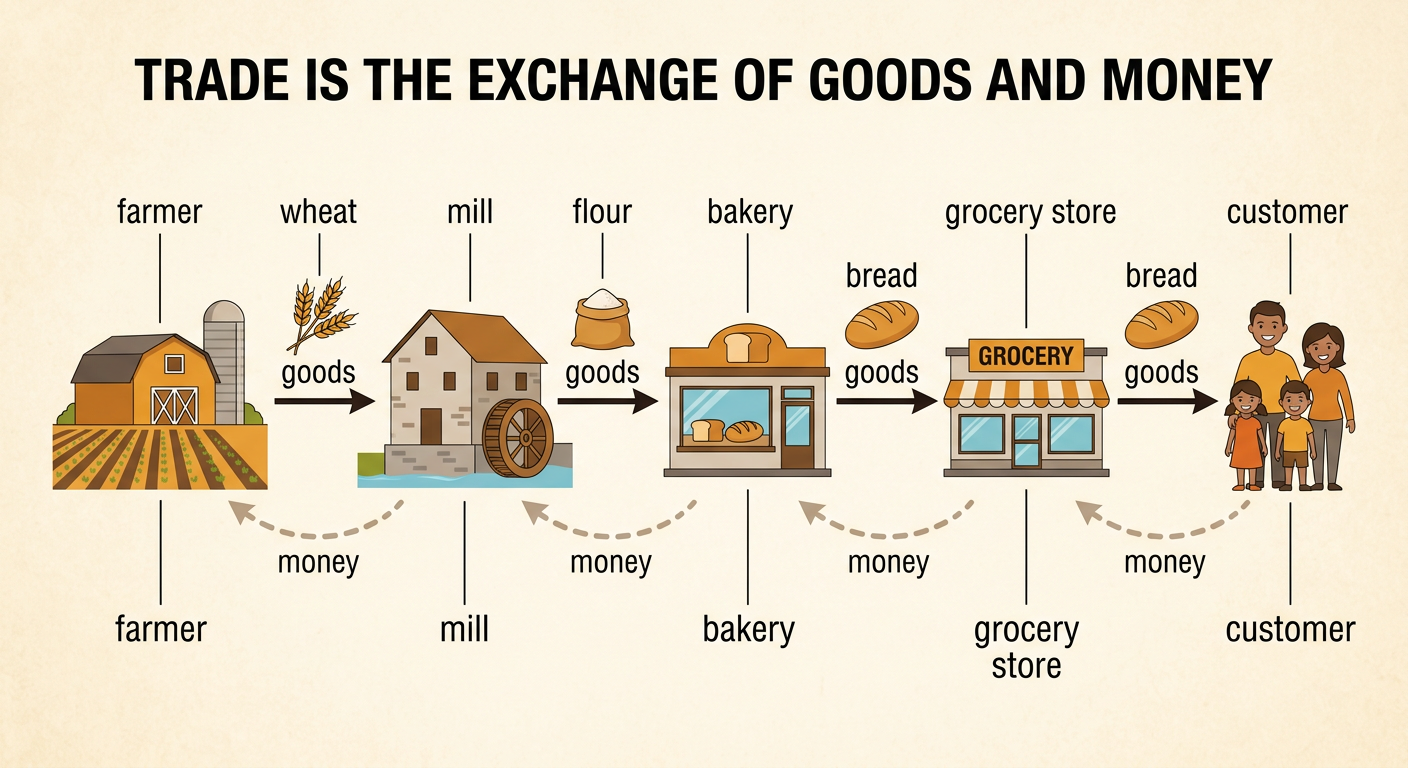A flow diagram uses opposite arrows to show goods moving to customers and money returning to producers.