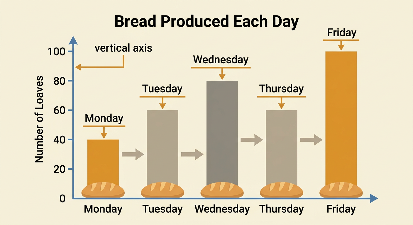 A scaled bar graph compares loaves produced from Monday through Friday.