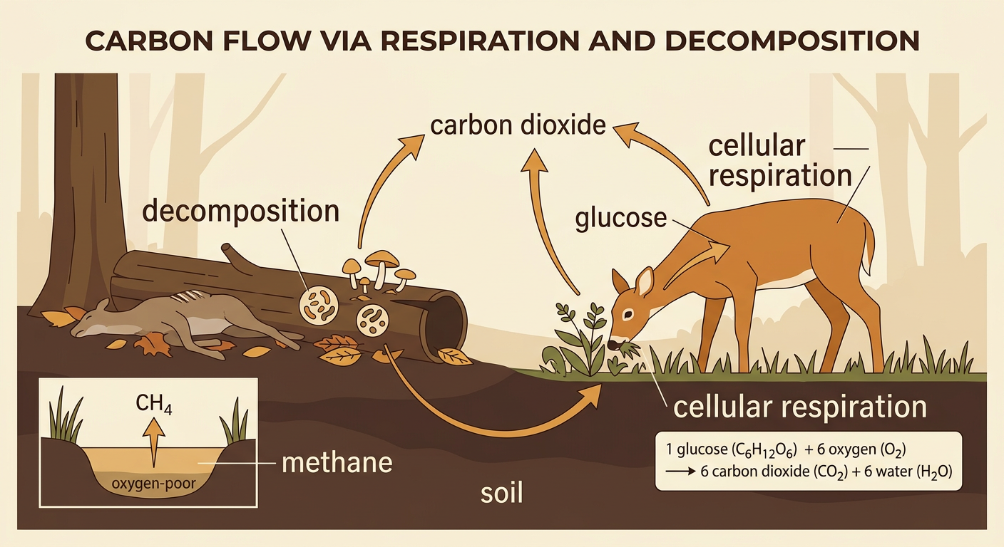 A deer, living plant, decomposers, wetland, and soil show carbon returning through respiration and decay.