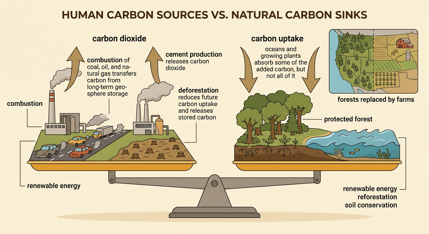 A landscape contrasts fossil-fuel combustion and deforestation with forests, oceans, renewable energy, and protected soil.