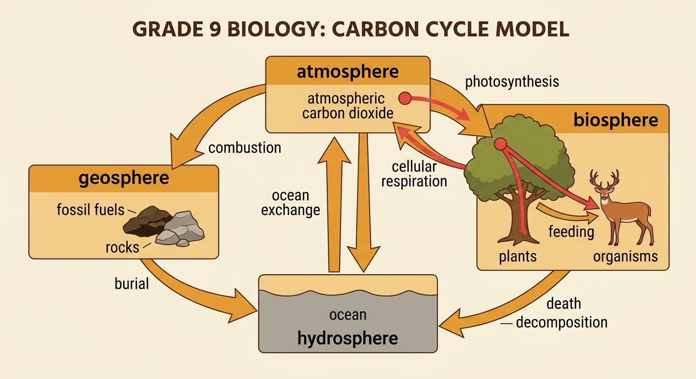 A four-box carbon cycle model uses directional arrows to connect Earth's major carbon reservoirs.