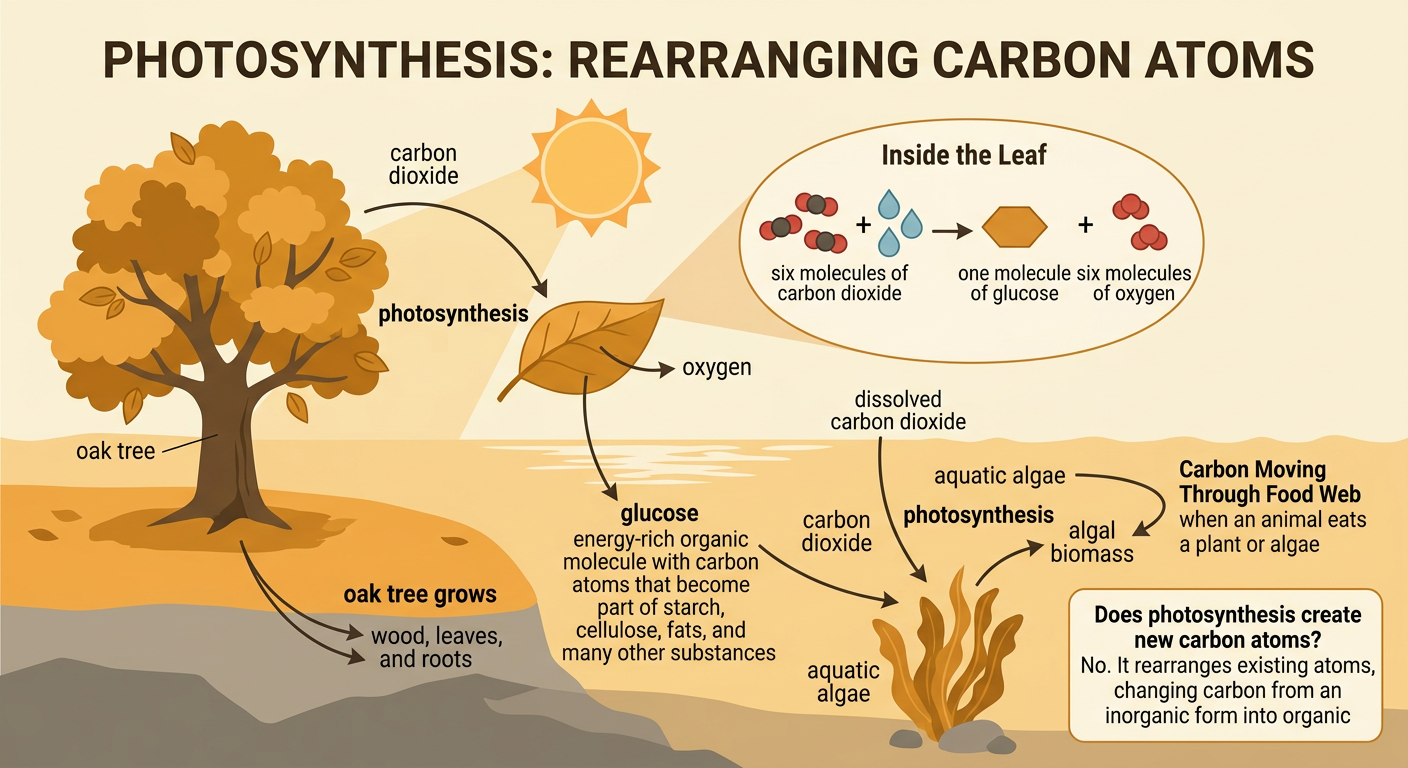 Sunlight reaches a green leaf as carbon dioxide and water enter and glucose and oxygen are produced.