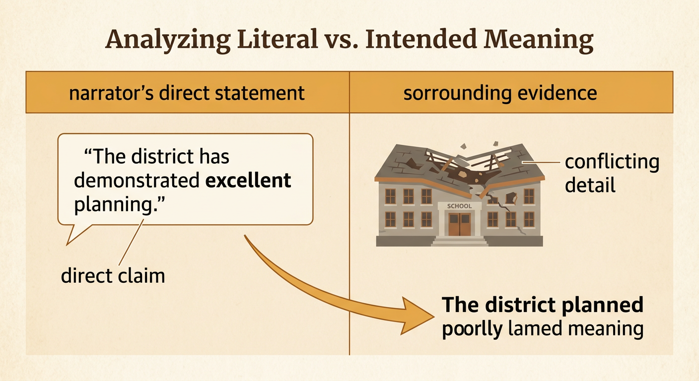 A collapsing school roof appears beneath a narrator's praise of the district's excellent planning.