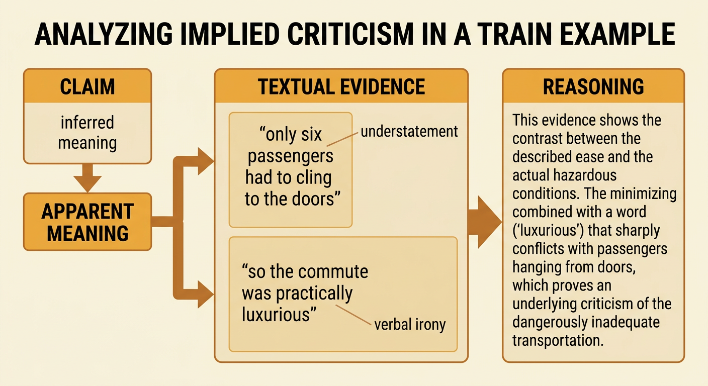 An overcrowded train has six passengers clinging to its doors beneath a falsely luxurious description.