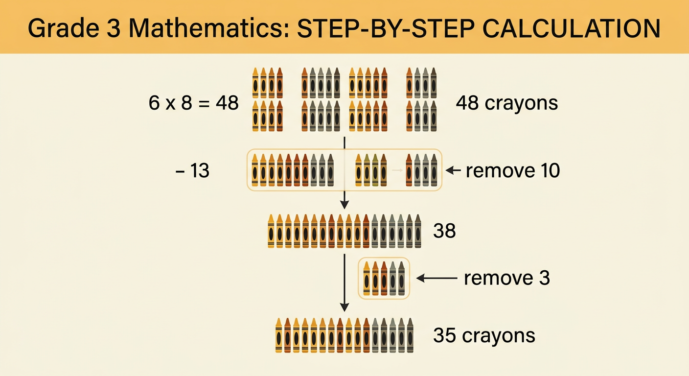 A calculation path shows forty-eight crayons decreasing by ten and then three to reach thirty-five crayons.