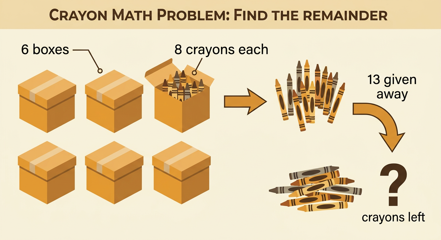 Six boxes of eight crayons are shown before thirteen crayons are handed to students.