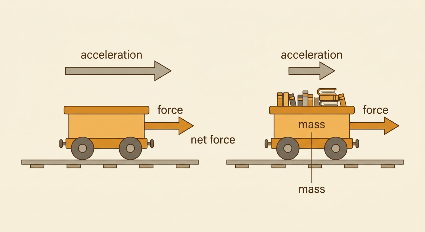 An empty toy cart and a book-loaded cart receive equal pushes, but the empty cart accelerates more.