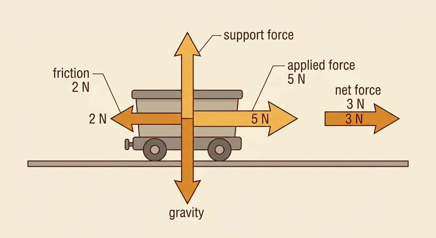 A toy cart has a larger rightward push than leftward friction while equal vertical forces balance.