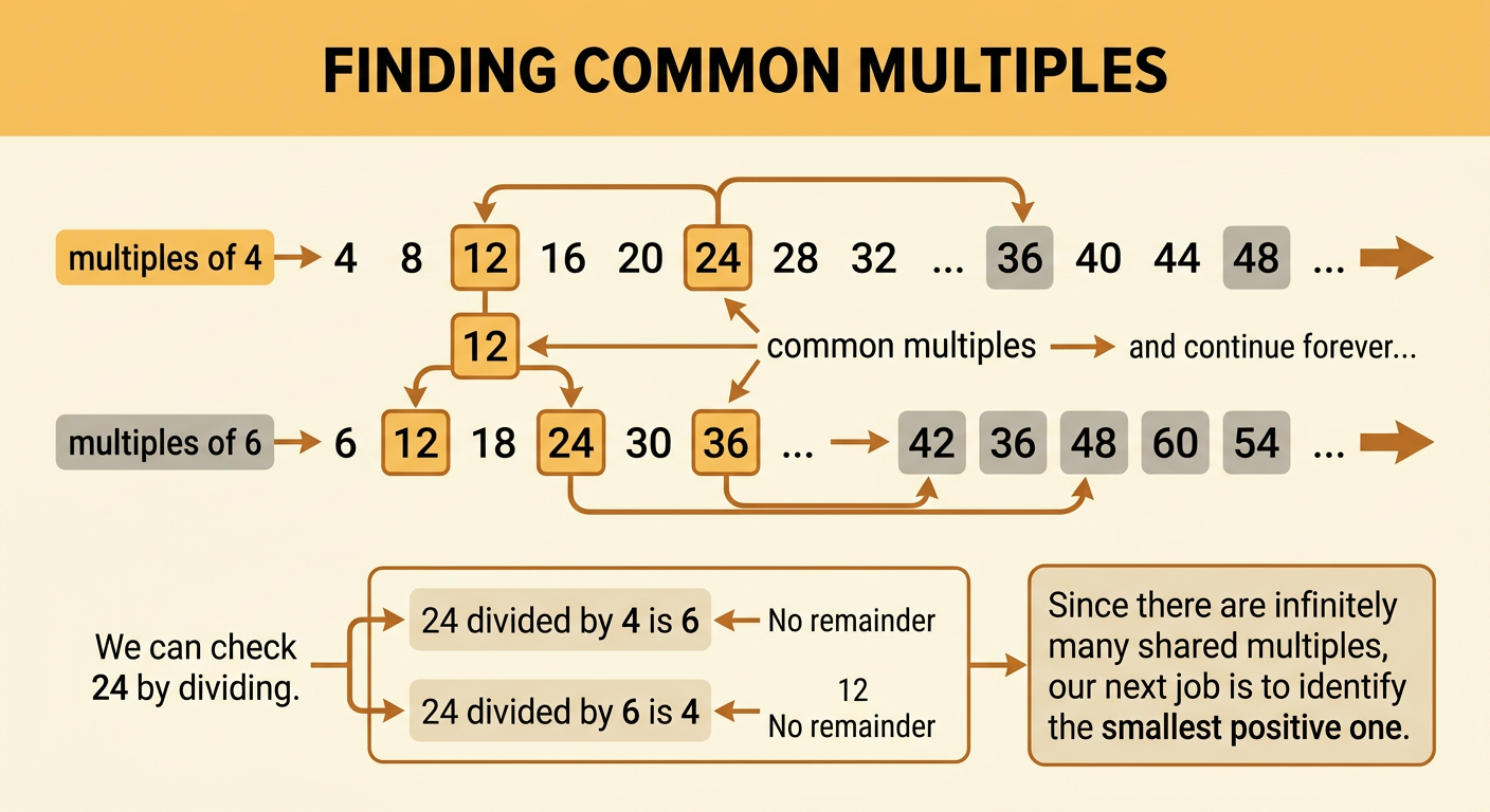Two labeled rows list multiples of 4 and 6, with shared multiples such as 12 and 24 highlighted.