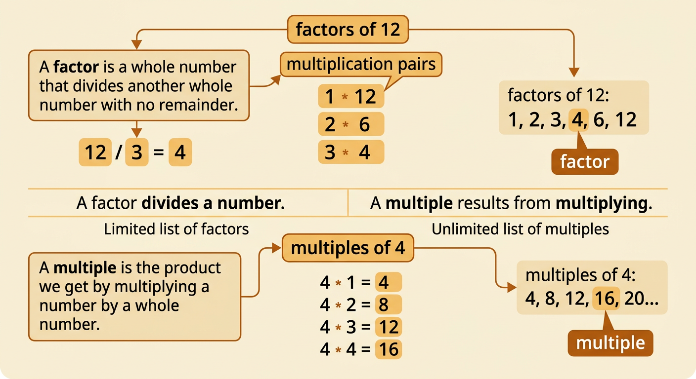 A math diagram shows the factor pairs of 12 beside a sequence of multiples of 4.