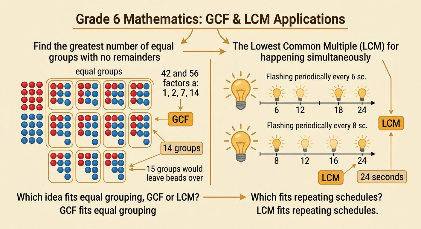 The picture compares equal bead groups found with the GCF and two repeating light schedules matched with the LCM.