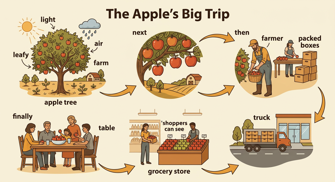 A simple picture sequence traces apples from a growing tree to harvest, truck, store, and family table.