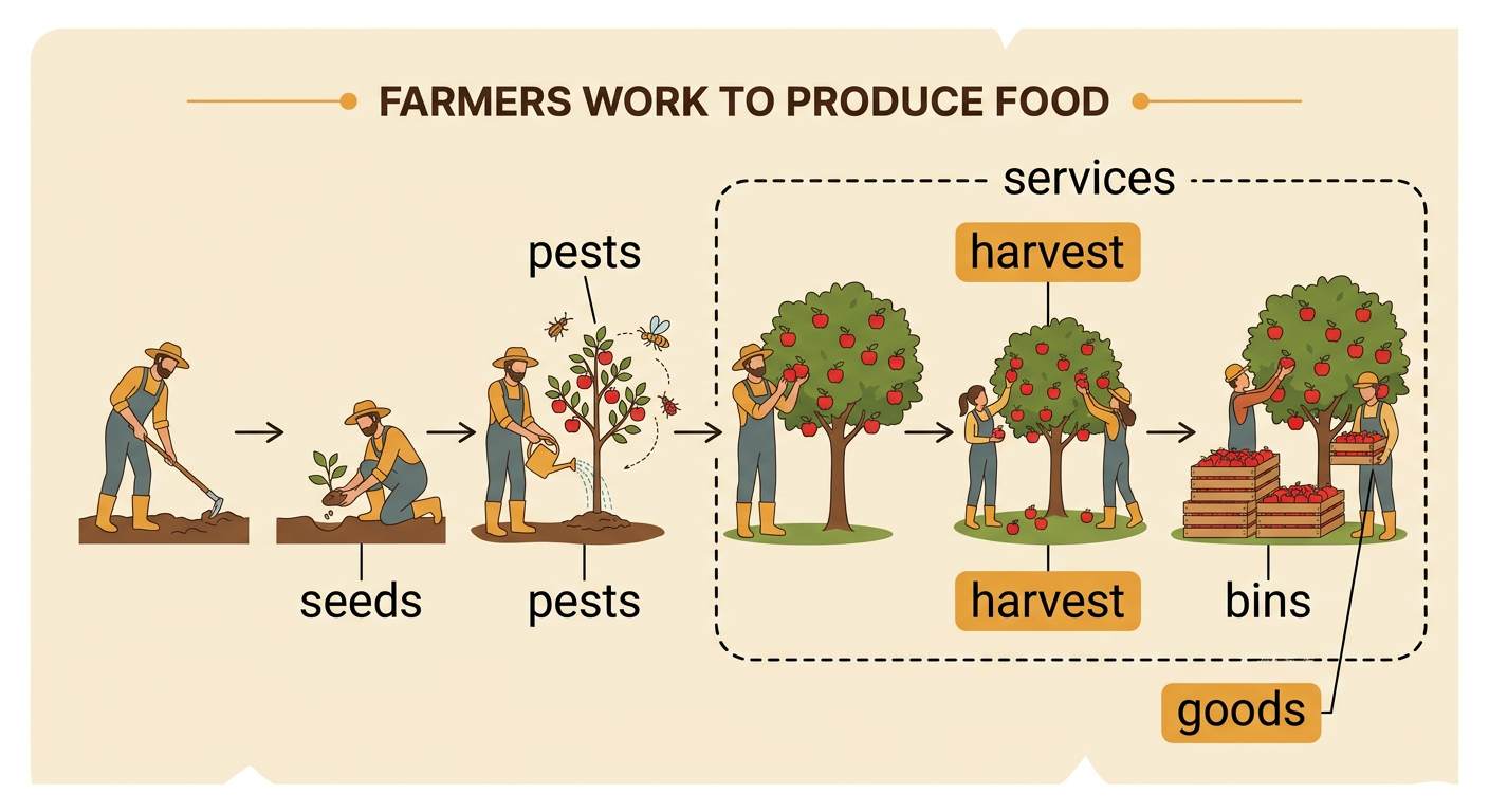 A farmer and workers harvest ripe apples into bins while a machine gathers grain nearby.