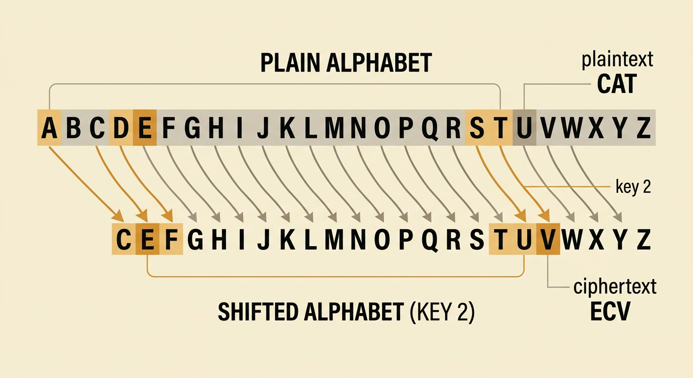 An alphabet diagram shows CAT changing into ECV with a forward shift of two.