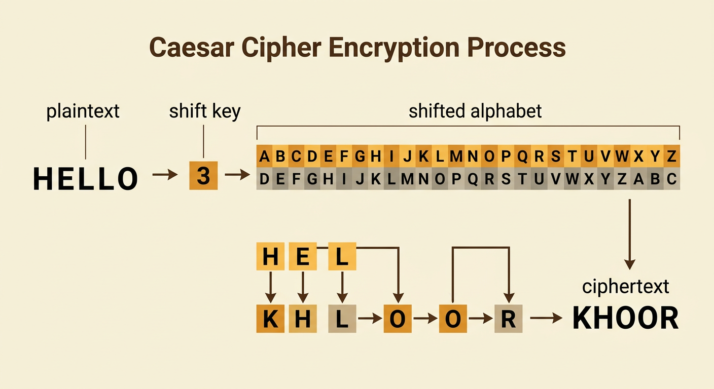 A shifted alphabet maps each letter of HELLO forward three positions to form KHOOR.