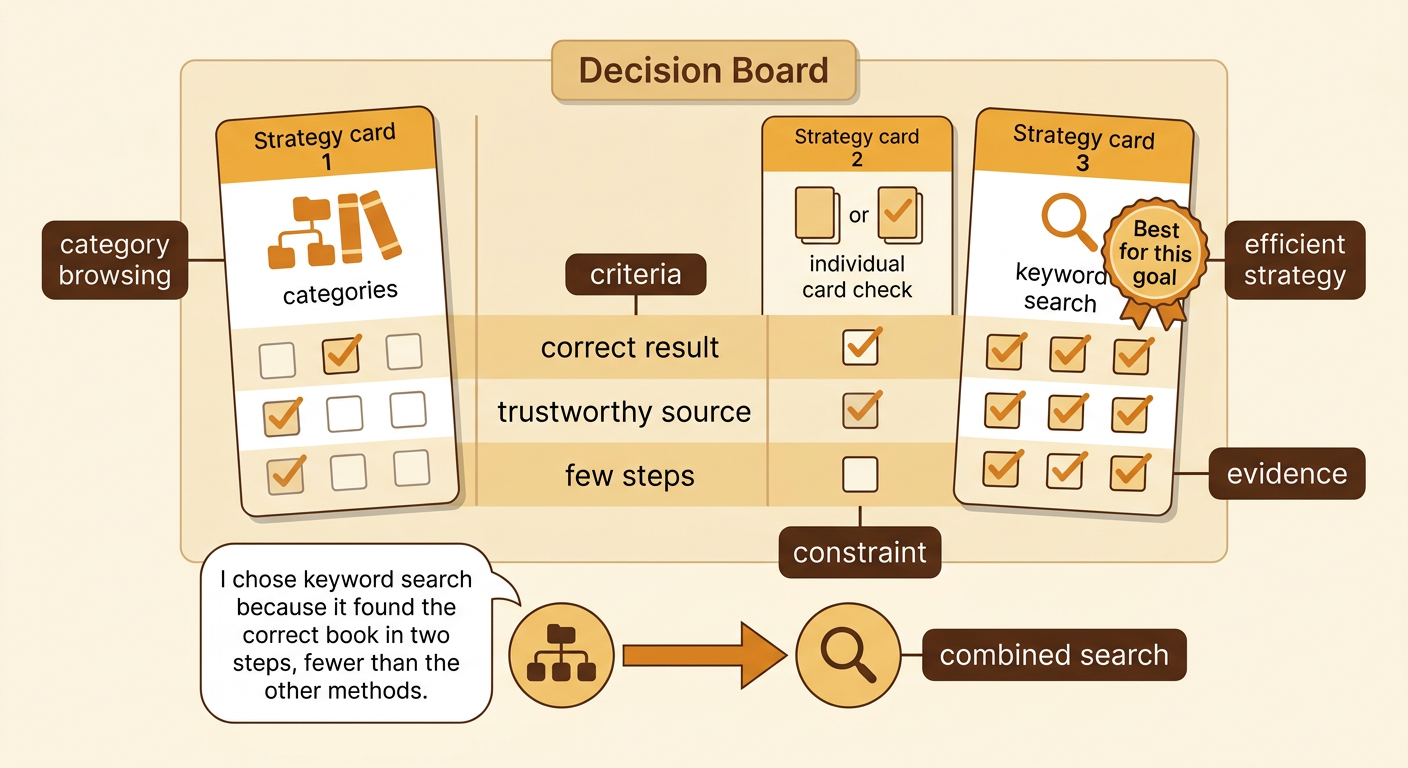 A decision chart uses step evidence to select keyword search while showing when other methods may work better.