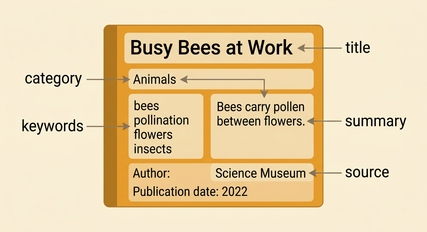 A digital card for Busy Bees at Work displays organized facts about the book and its source.