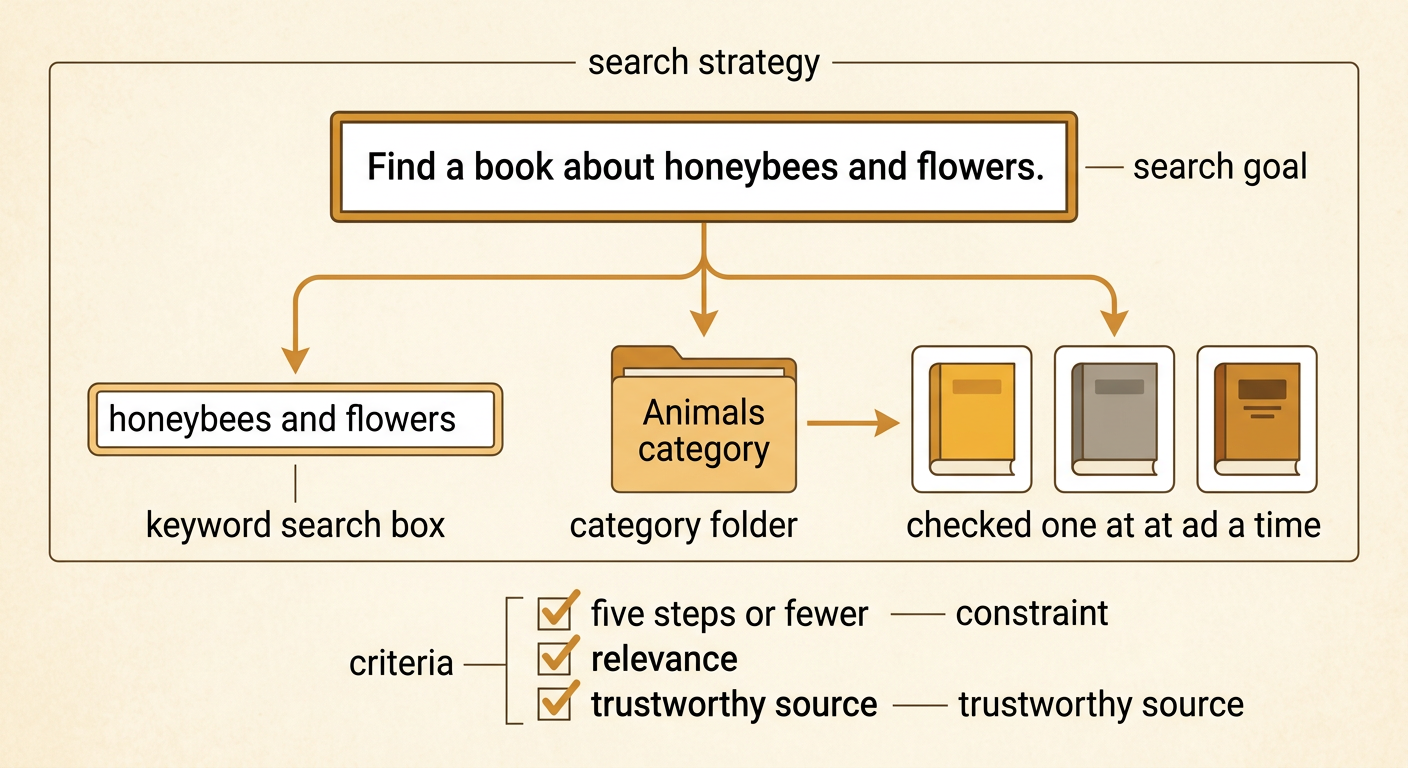 A child plans three paths to find a trustworthy bee book while following a five-step limit.