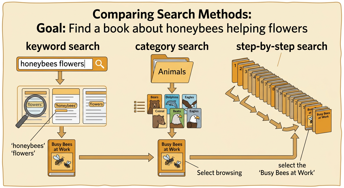 Three labeled search paths lead through a digital library toward the Busy Bees at Work card.