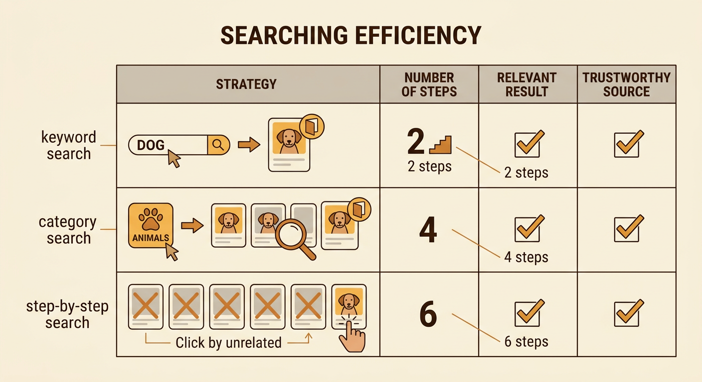 A comparison table shows the three successful searches with totals of two, four, and six steps.