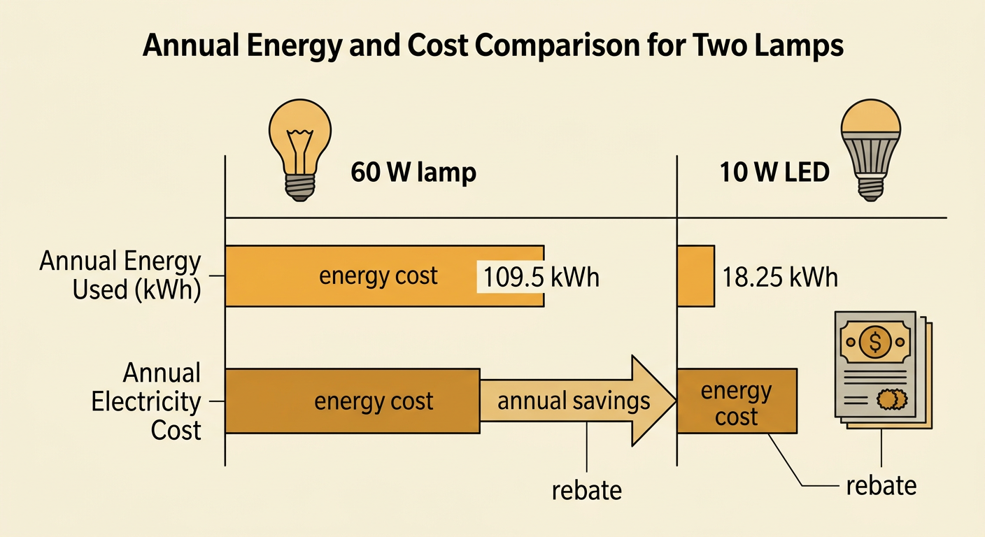 A yearly cost comparison contrasts a 60-watt lamp with a 10-watt LED used five hours daily.