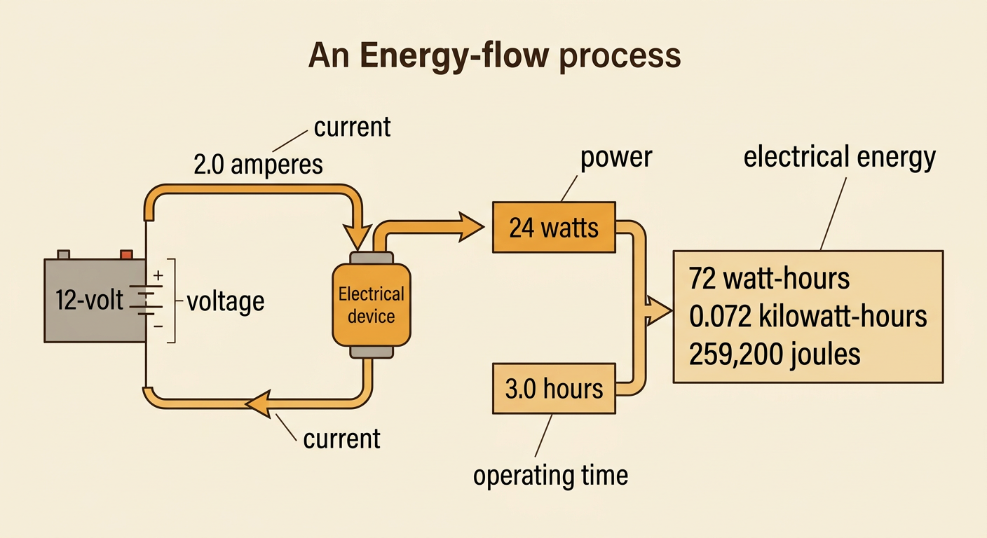 A 12-volt device drawing 2.0 amperes is shown with its power and three-hour energy use.