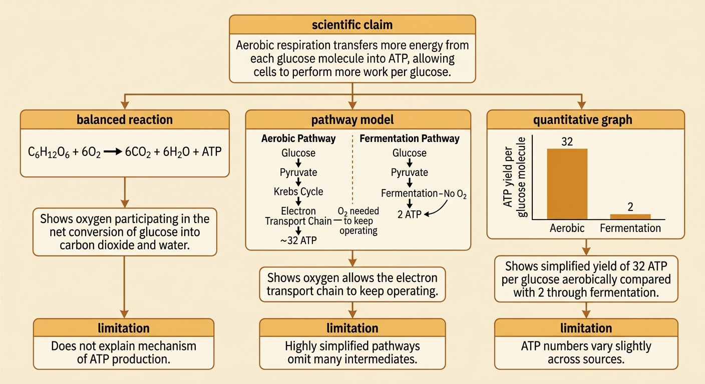 An evidence organizer links the respiration equation, pathway diagram, ATP graph, and a limitation to one scientific claim.