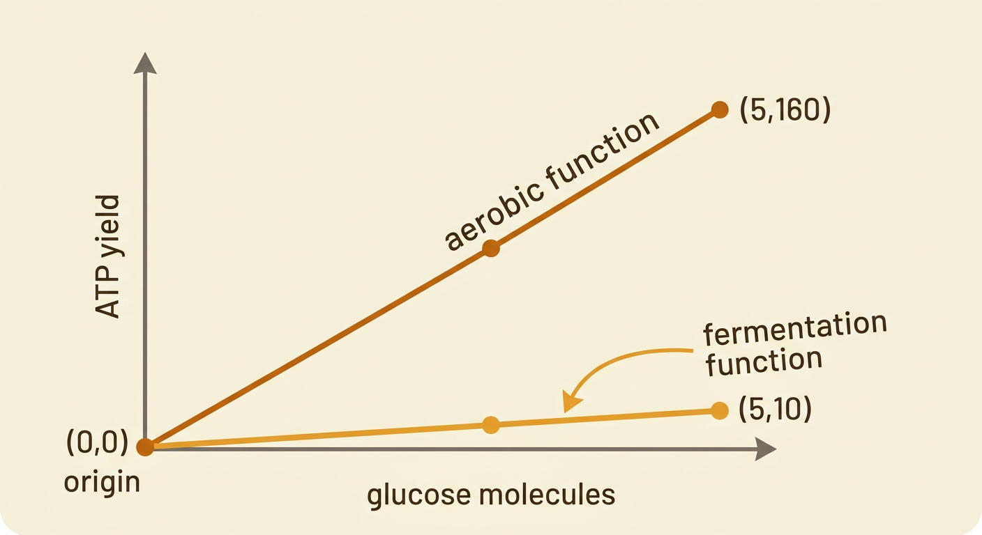 A coordinate graph compares a steep aerobic ATP line with a shallow fermentation ATP line through the origin.