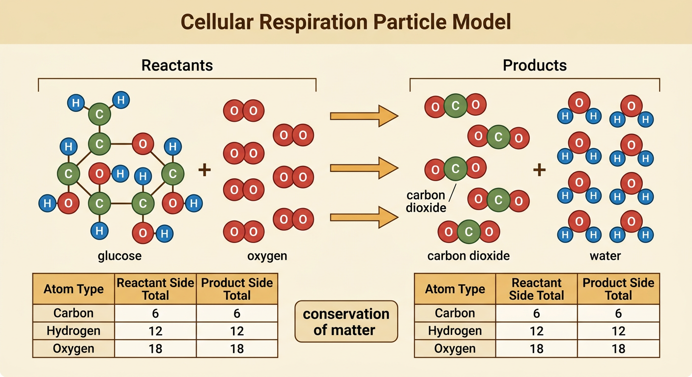 A balanced cellular respiration equation uses colored atoms to show equal element totals on both sides.