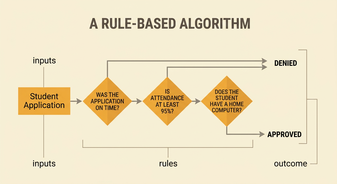 A flowchart shows three inputs moving through laptop application rules to an approval or denial outcome.