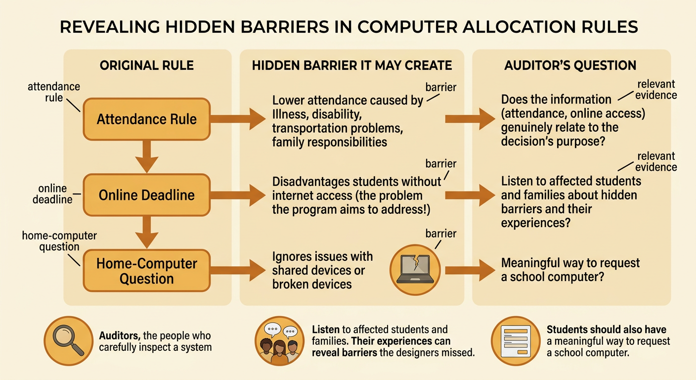 A barrier diagram shows how the attendance rule, online deadline, and home-computer question can block students with genuine need.